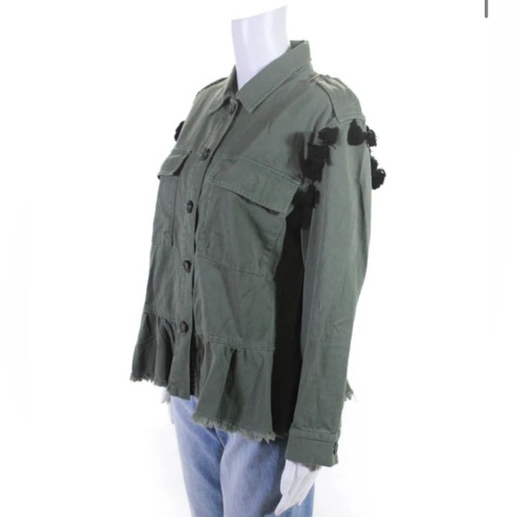 Zara Women's Collar Long Sleeves Button Up Tassel Jacket Olive Green - Picture 2 of 12